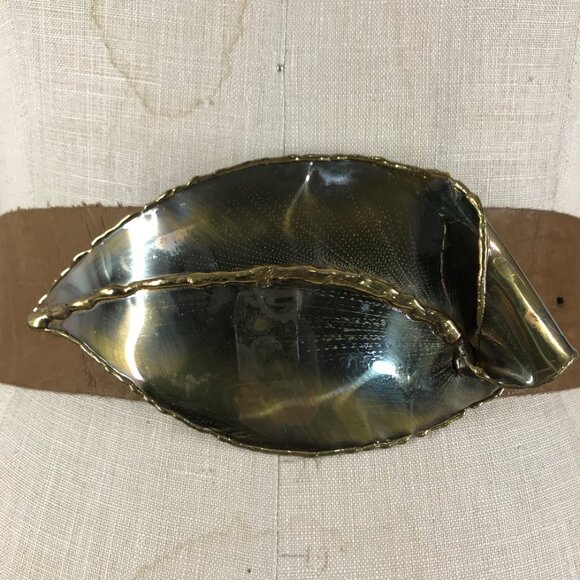 Vintage 80s Belt Artisan Hand crafted Brutalist Buckle tan leather - Picture 3 of 8